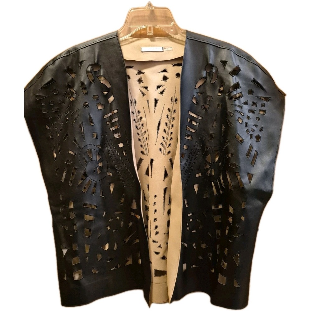JOSIE NATORI Avant-Garde Artwear Vest Black Faux Leather Laser Cut Topper XL